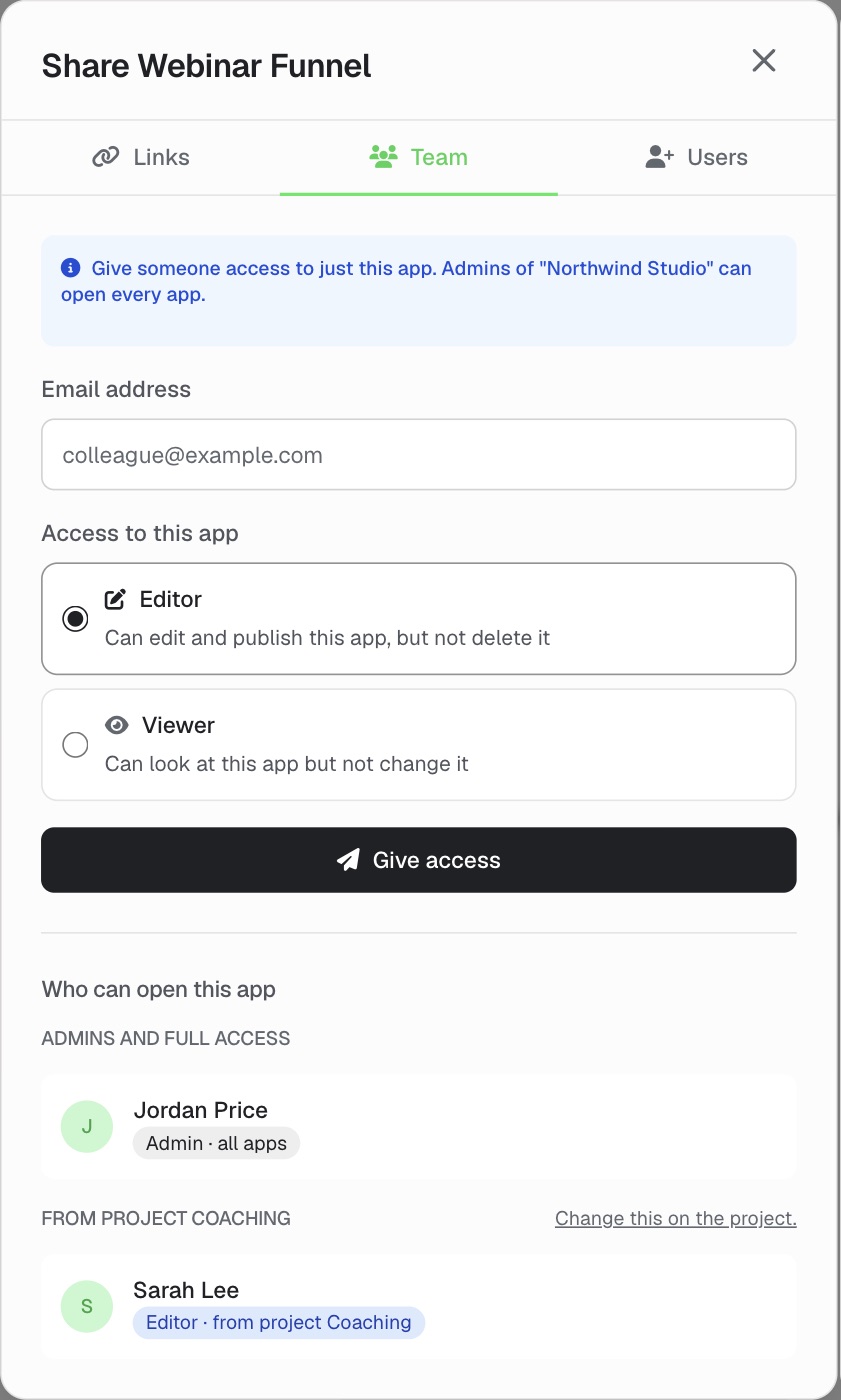 The Share window for an app in the Coaching project, listing a teammate as "Editor · from project Coaching".