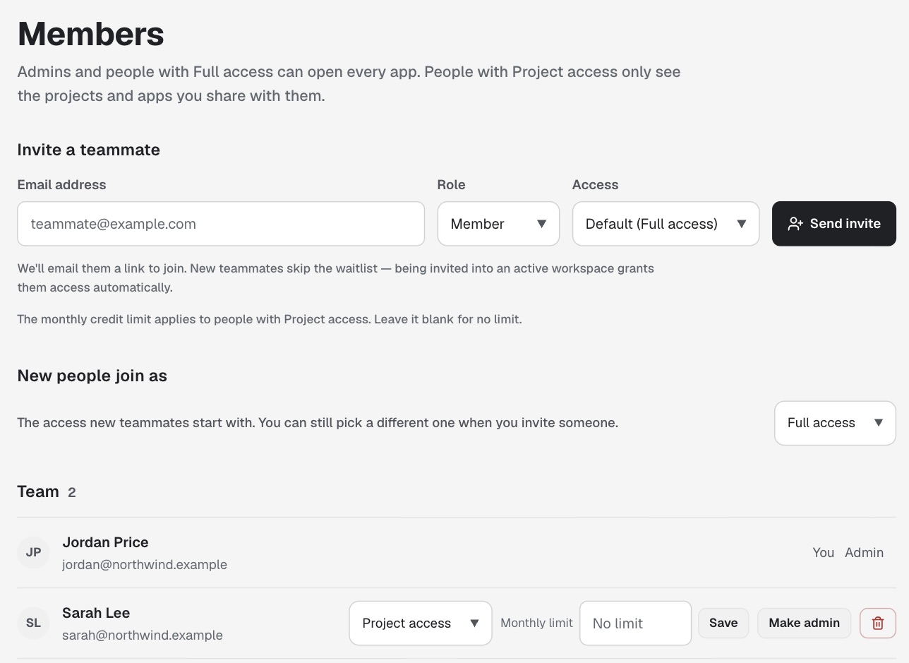 The Members page with an access choice for each person, an Access option when inviting, and a "New people join as" setting.