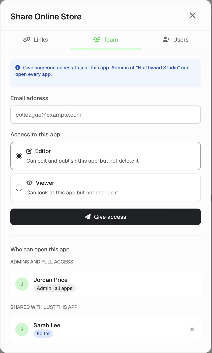 The Share window for an app called Online Store, with Editor and Viewer choices and a teammate listed under "Shared with just this app".