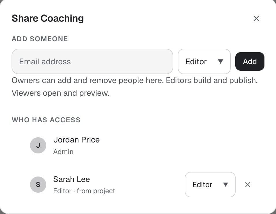 The Share window for a project called Coaching, with an email field, a role picker and the people who have access.