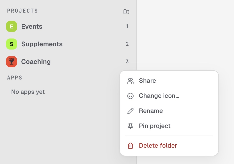 A project's menu in the sidebar, with Share at the top.