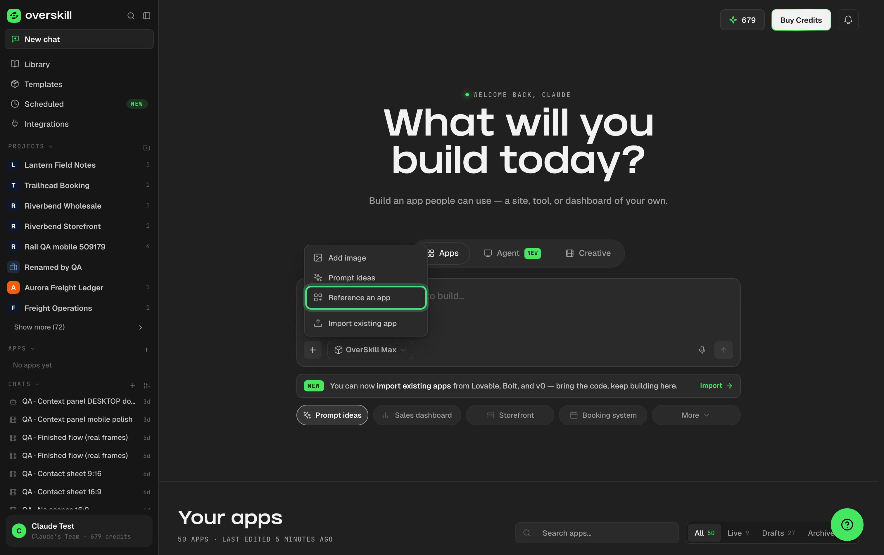 The new-app box on the dashboard with the plus menu open, showing Reference an app between Prompt ideas and Import existing app