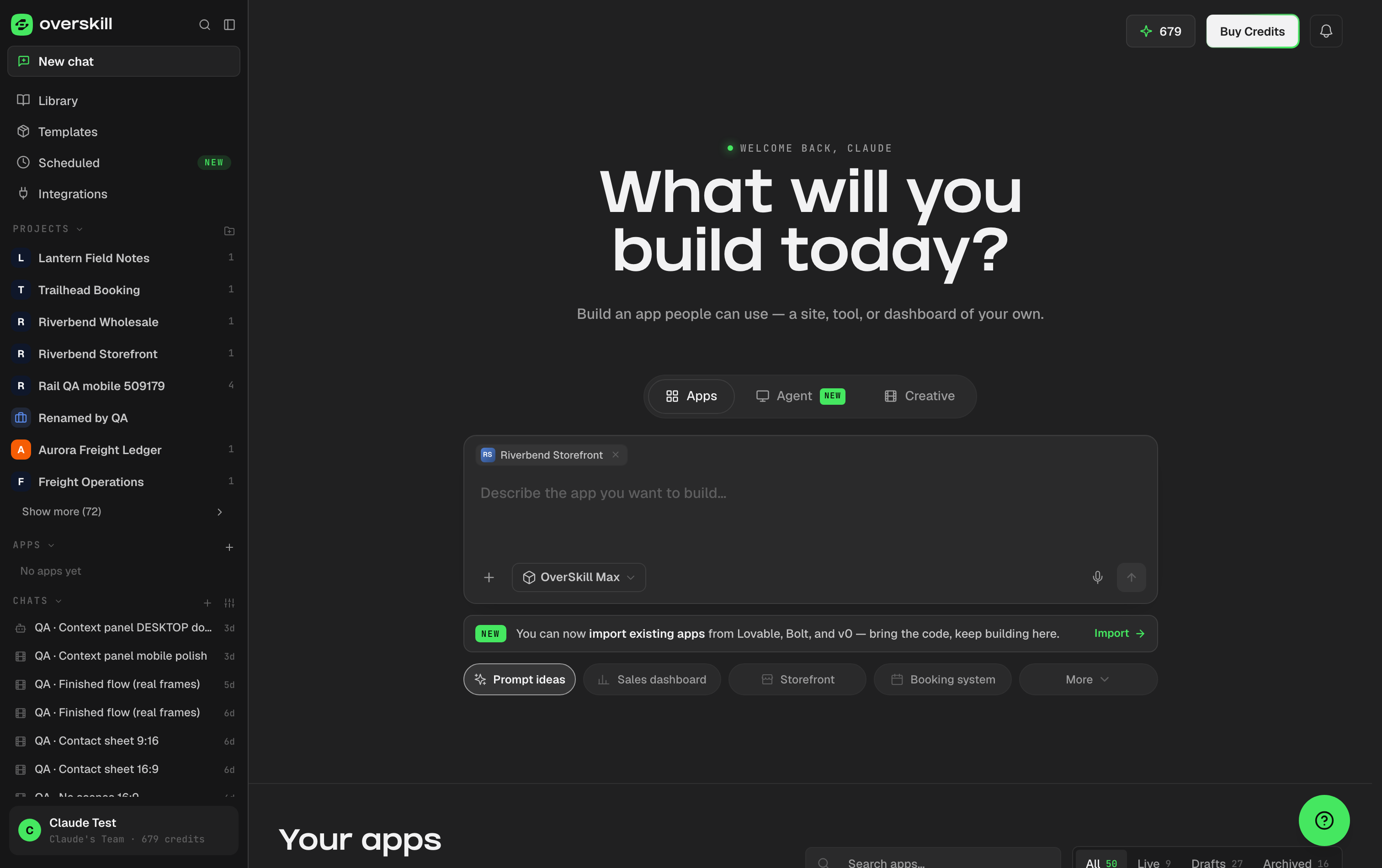 The new-app box with Riverbend Storefront attached as a tag above the prompt field