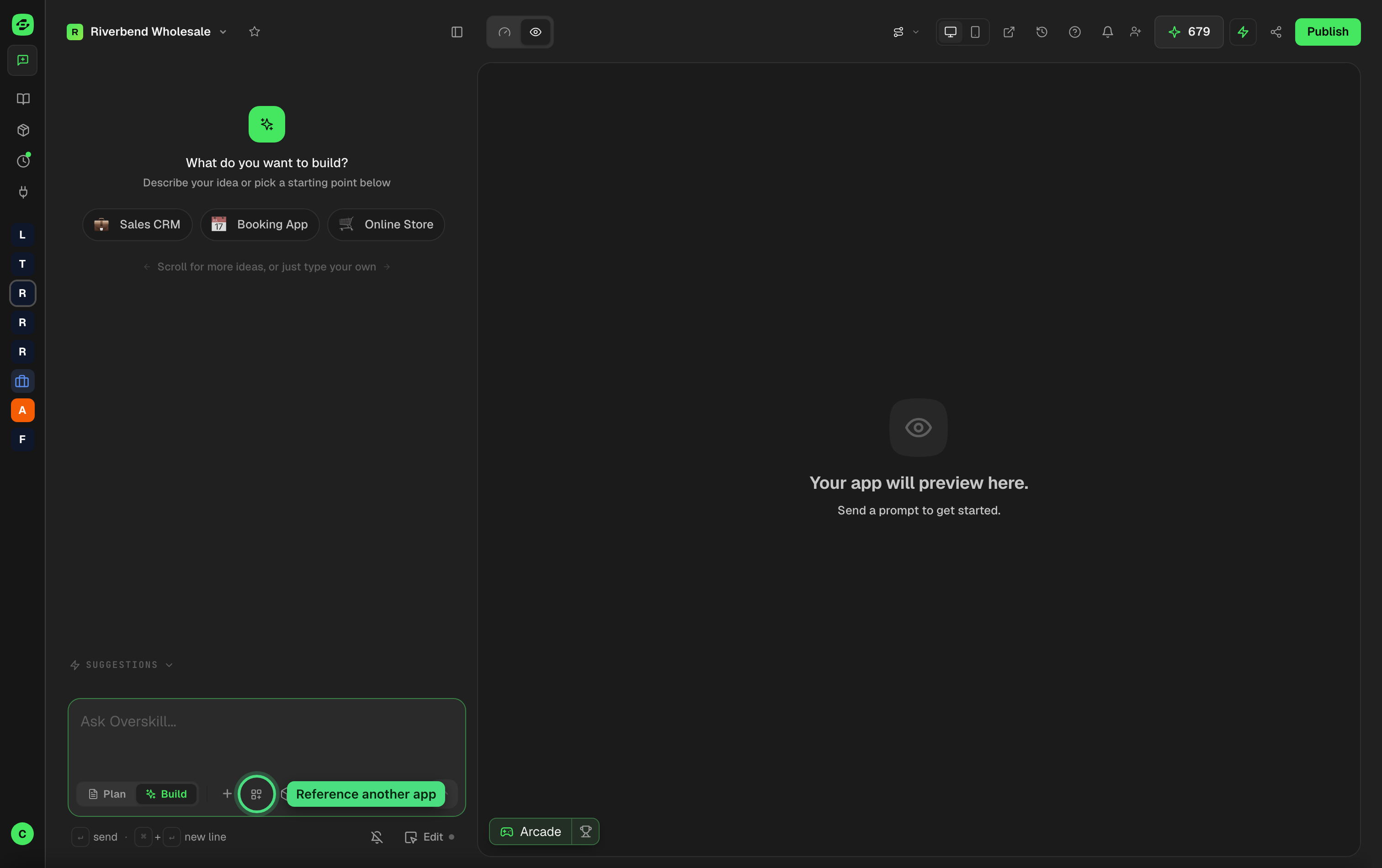 The chat message box in the Overskill editor, with the Reference another app button highlighted in the row of buttons underneath