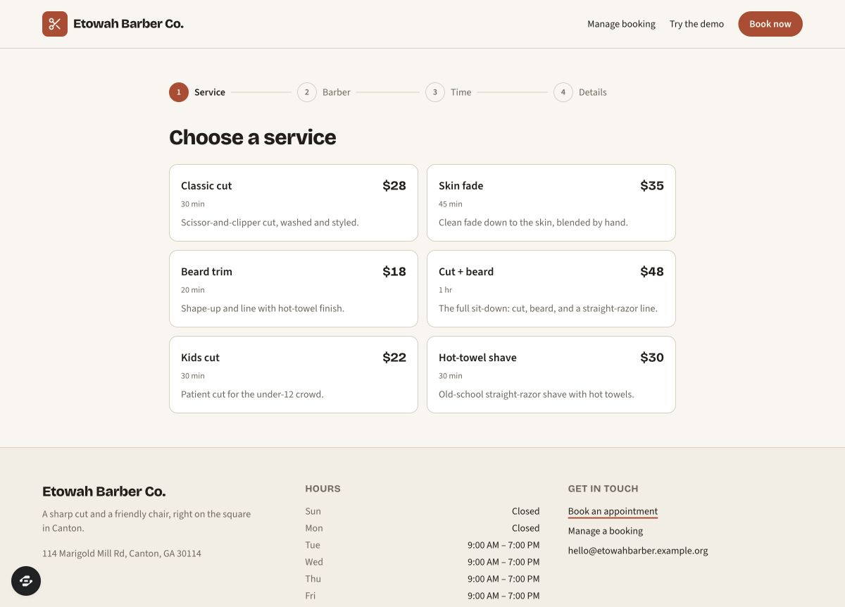 Bookslot preview service selector with Classic cut at $28 for 30 minutes and five other sample services.
