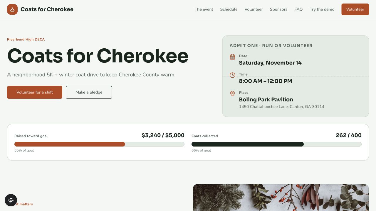 Rally's fictional Coats for Cherokee event page with its date, place and Volunteer for a shift button. Fundraising figures are sample content.